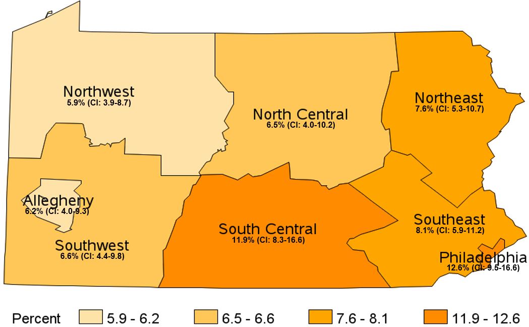 No Health Insurance, Age 18-64, Pennsylvania Health Districts, 2017